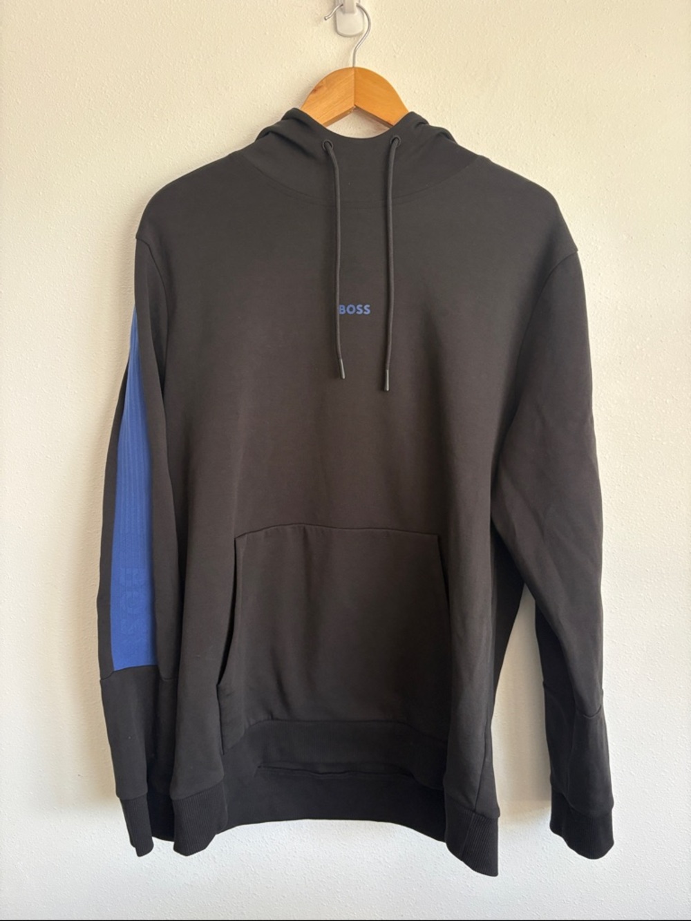 Boss Shirt Hoodie XL with Neon Green Logo and Blue Sleeve